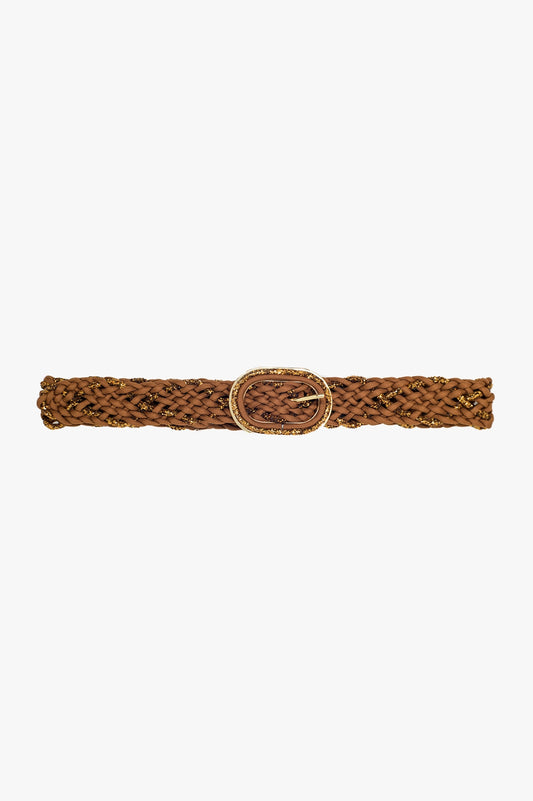Brown Braided Belt With Intertwined Gold Thread and Oval Buckle