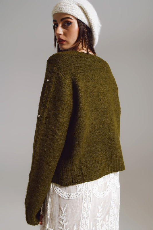 Brown cardigan with knitted flowers and embellished details in Military Green