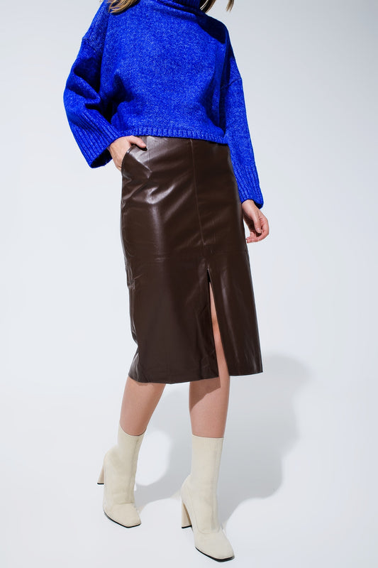 Q2 Brown leatherette pencil cut skirt