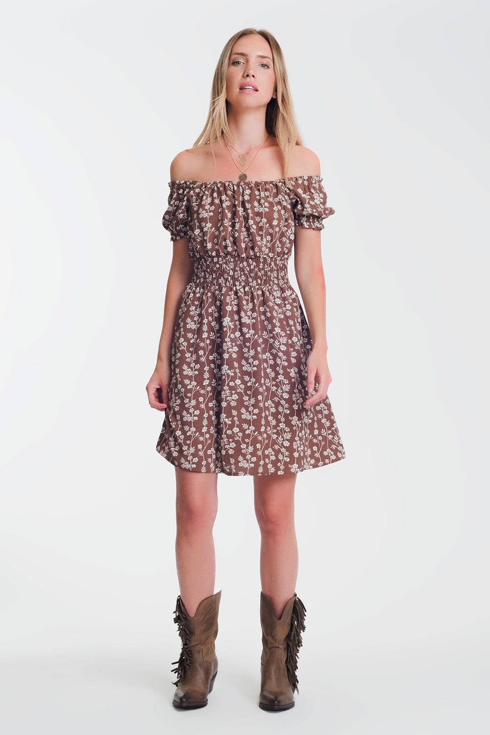 Brown mini bardot dress in floral print Szua Store