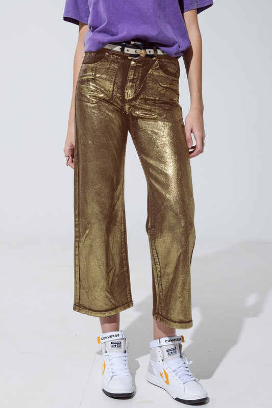 Q2 Brown straight leg jeans with gold metallic glow