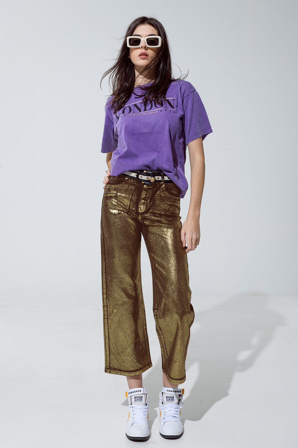 Brown straight leg jeans with gold metallic glow