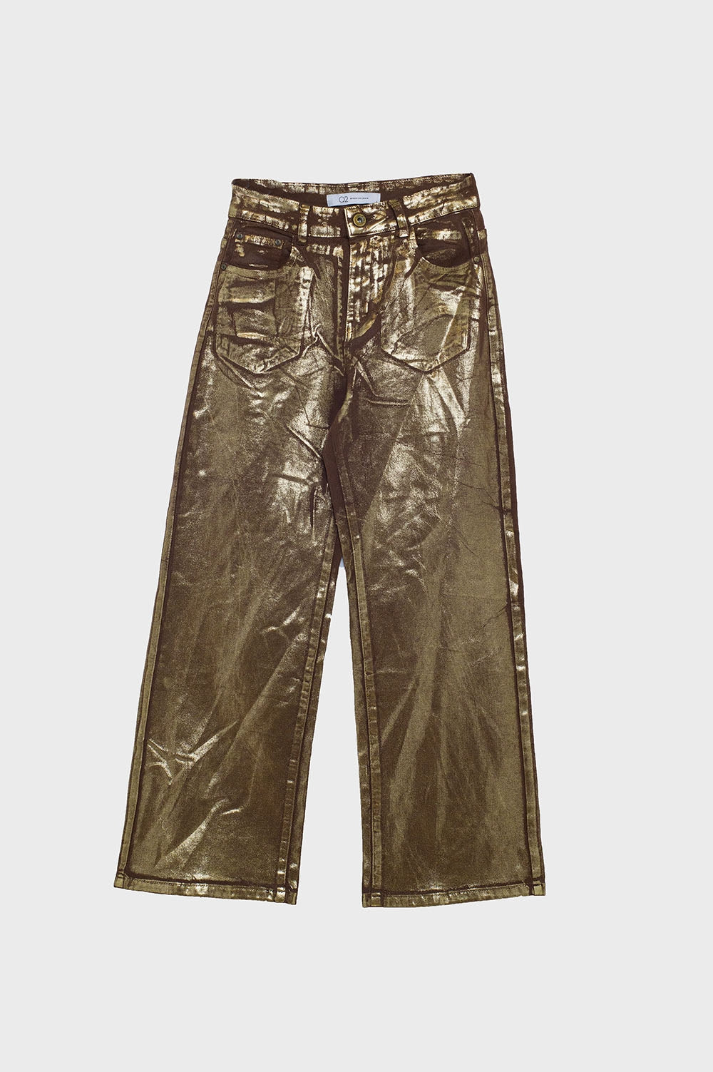 Brown straight leg jeans with gold metallic glow