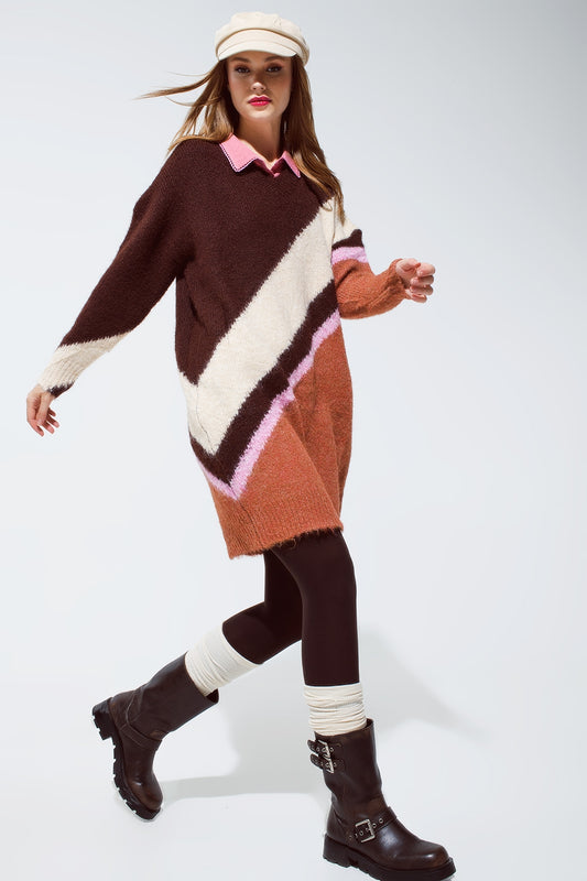 Q2 Brown striped oversized chunky knit dress with crew neck