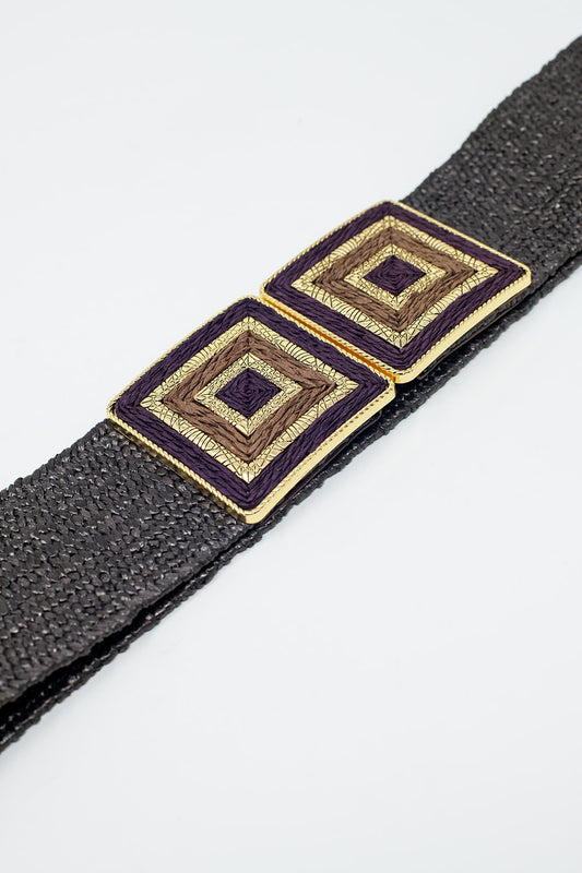 Brown woven belt with square buckle with gold details