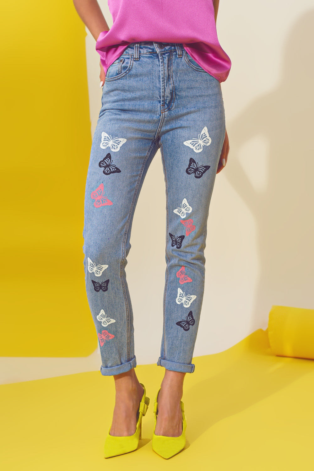 Butterfly Detail Skinny Jeans in Light Blue Wash - Szua Store