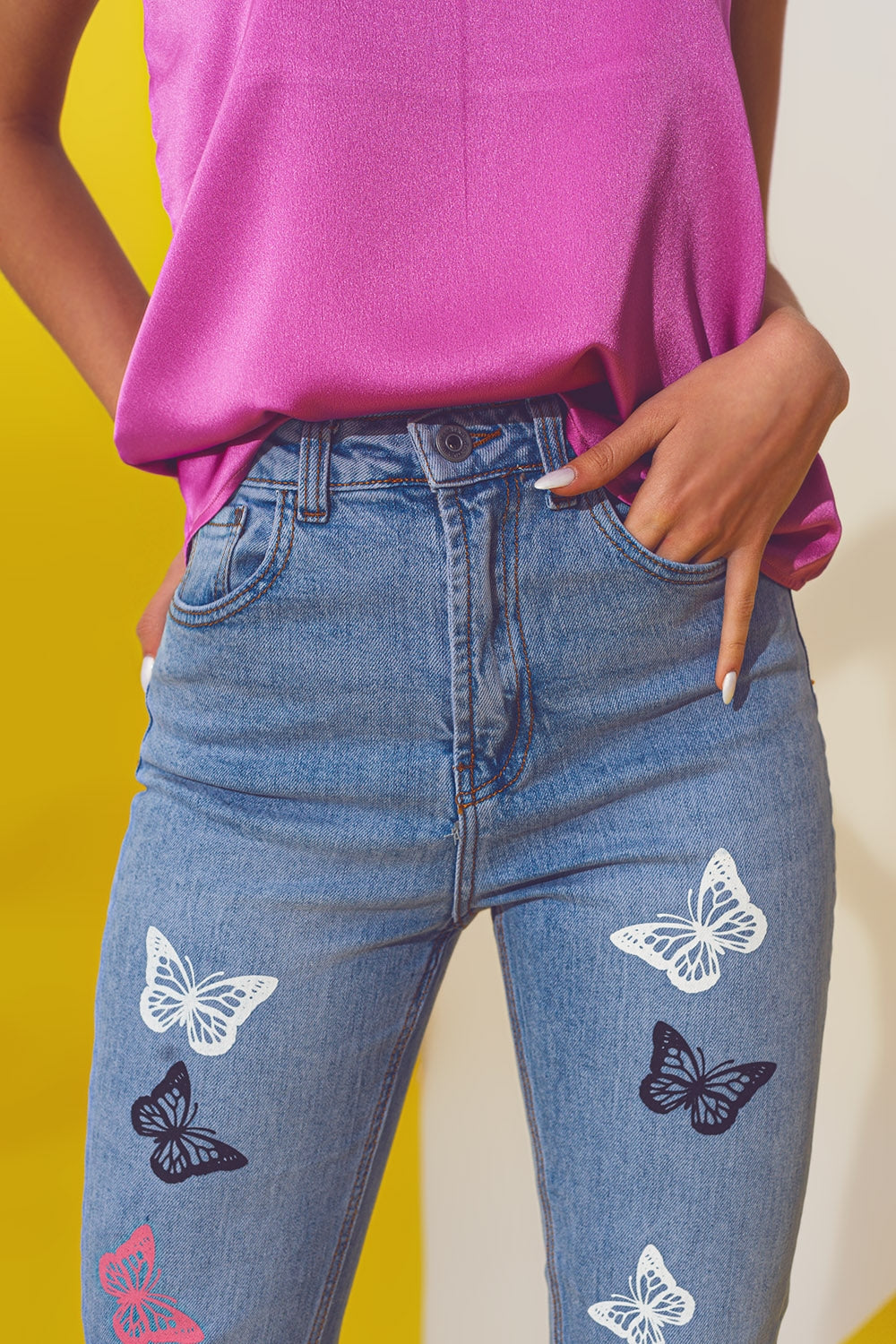Butterfly Detail Skinny Jeans in Light Blue Wash - Szua Store