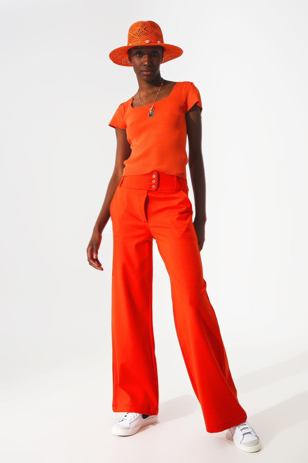 Button detail wide leg pants in orange - Szua Store