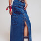 Q2 Button Down Cargo Denim Maxi Skirt in Mid Wash