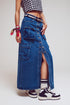 Q2 Button Down Cargo Denim Maxi Skirt in Mid Wash