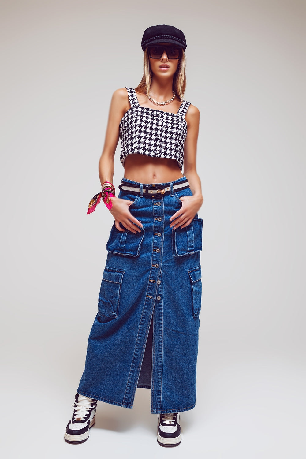 Button Down Cargo Denim Maxi Skirt in Mid Wash - Szua Store