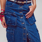 Button Down Cargo Denim Maxi Skirt in Mid Wash - Szua Store