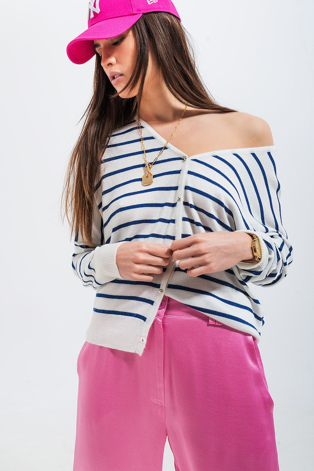 Button down cream cardigan top in stripe Szua Store