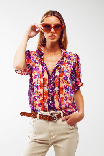 Q2 Button Down Shirt With Floral Print And Puff Short Sleeves