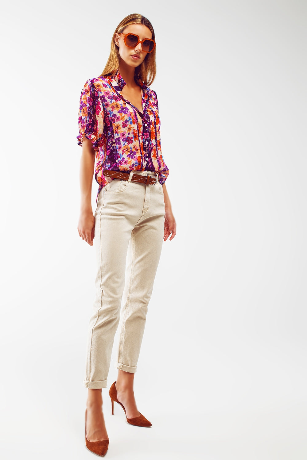 Button Down Shirt With Floral Print And Puff Short Sleeves - Szua Store