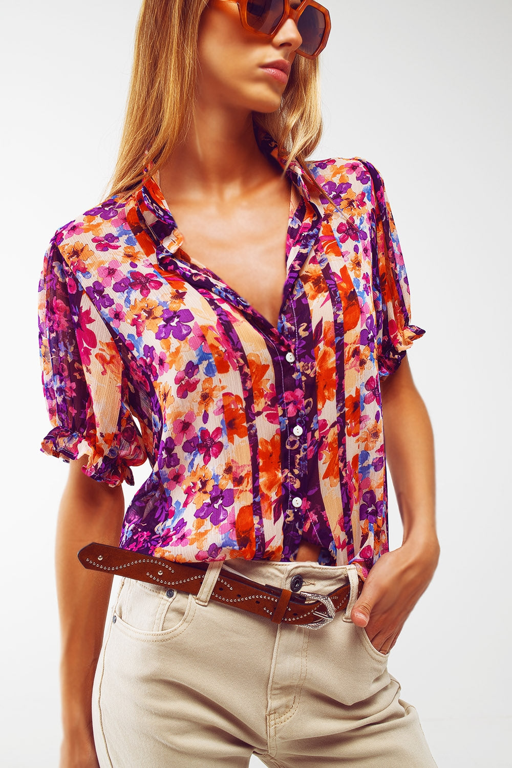 Button Down Shirt With Floral Print And Puff Short Sleeves - Szua Store