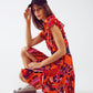 Q2 Button Down Skater Frilly Dress In Orange Floral Abstract Print