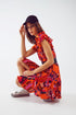 Q2 Button Down Skater Frilly Dress In Orange Floral Abstract Print