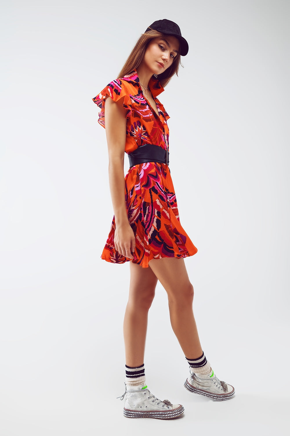 Button Down Skater Frilly Dress In Orange Floral Abstract Print - Szua Store