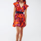 Button Down Skater Frilly Dress In Orange Floral Abstract Print - Szua Store