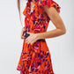 Button Down Skater Frilly Dress In Orange Floral Abstract Print - Szua Store