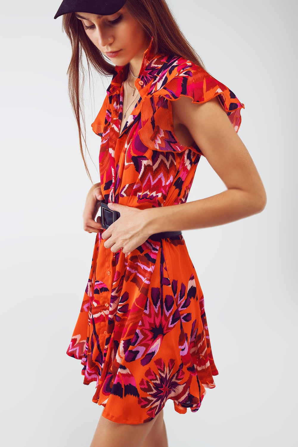 Button Down Skater Frilly Dress In Orange Floral Abstract Print - Szua Store