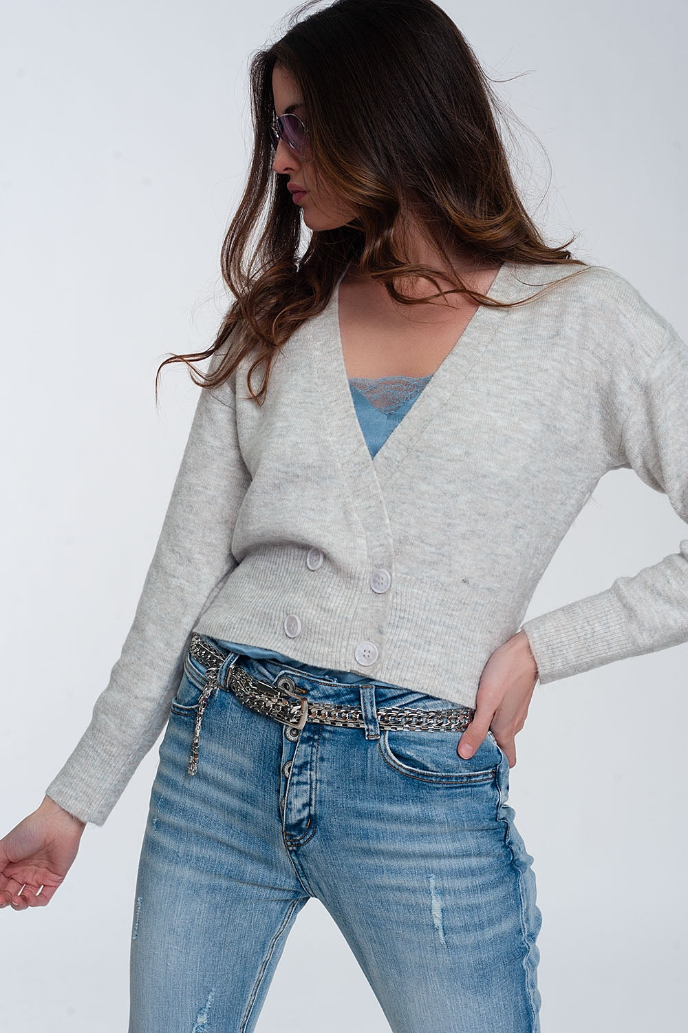 Button front cropped knit cardigan in light gray Szua Store