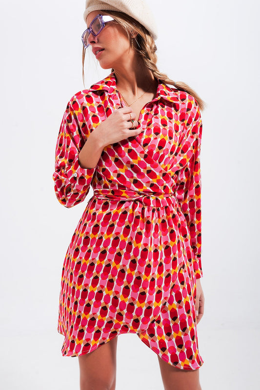 Button front tie waist printed dress in red Szua Store