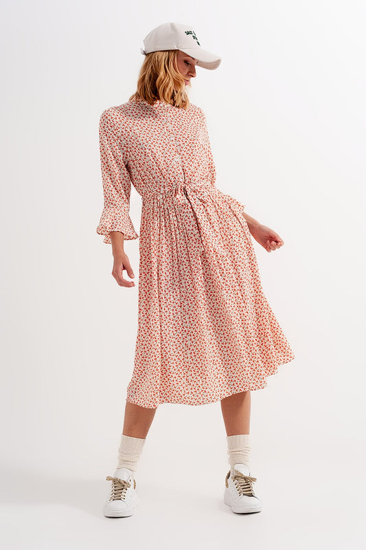 Buttoned midi dress with high collar in floral print coral Szua Store