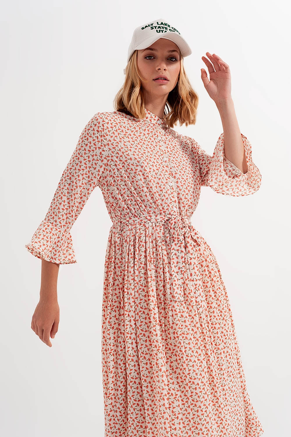 Buttoned midi dress with high collar in floral print coral Szua Store