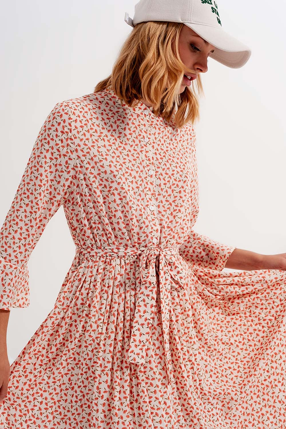 Buttoned midi dress with high collar in floral print coral Szua Store