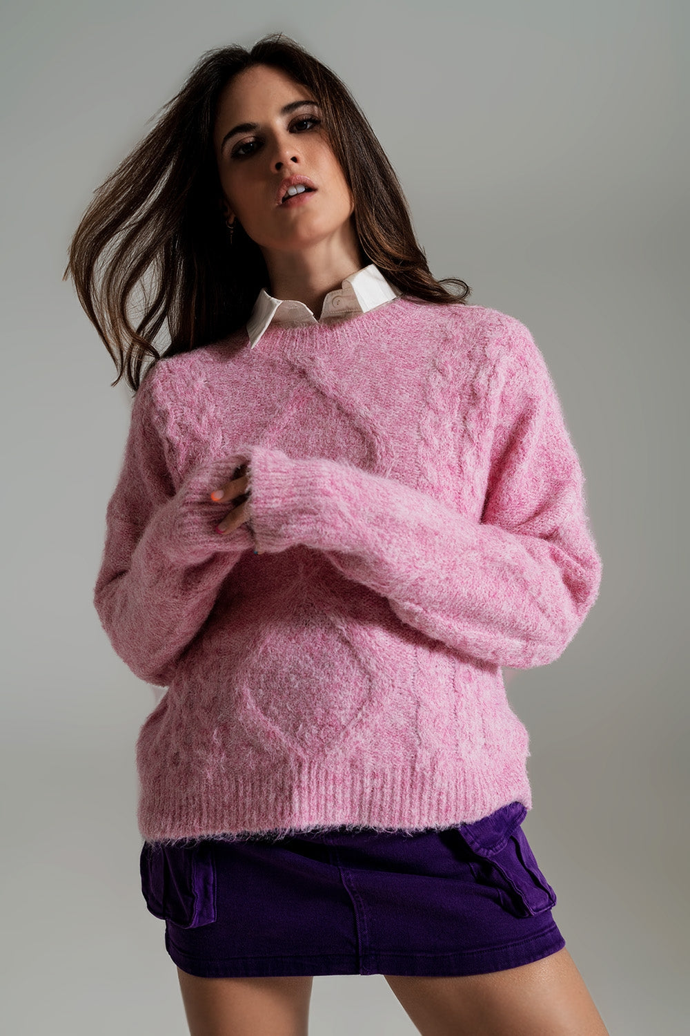 Q2 Cable Knit Sweater in Melange Pink