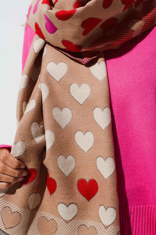 Camel Lightweight scarf with Hearts in Pink and red