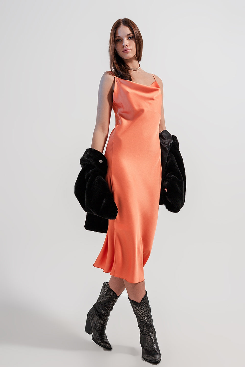 Q2 Cami midi slip dress in high shine satin in orange