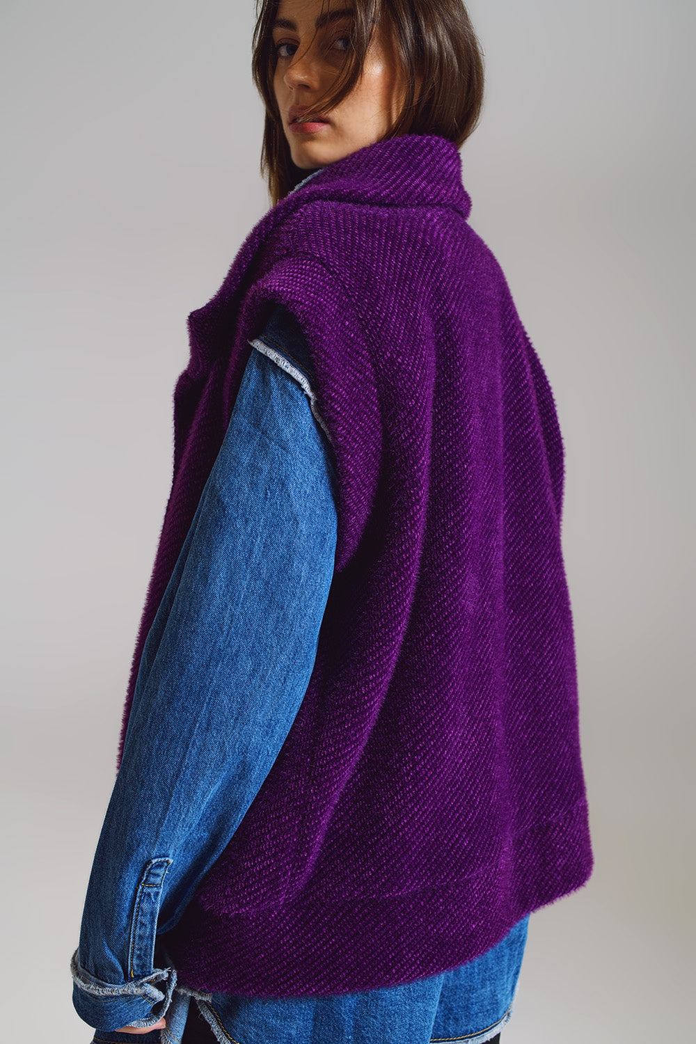 Open Herringbone Gilet with Shawl Style Collard in purple