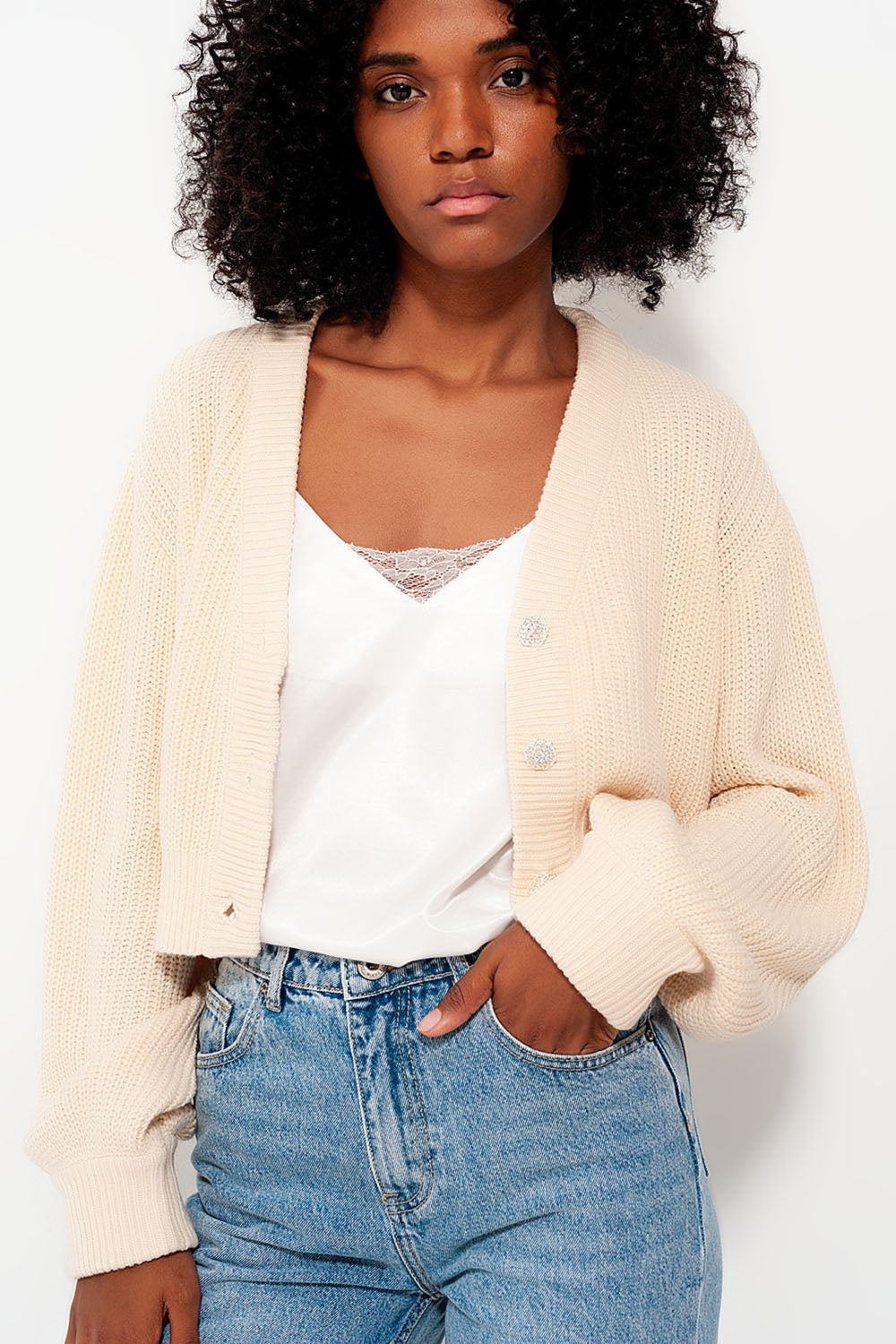 Cardigan with long sleeves and diamante button detail in cream Szua Store