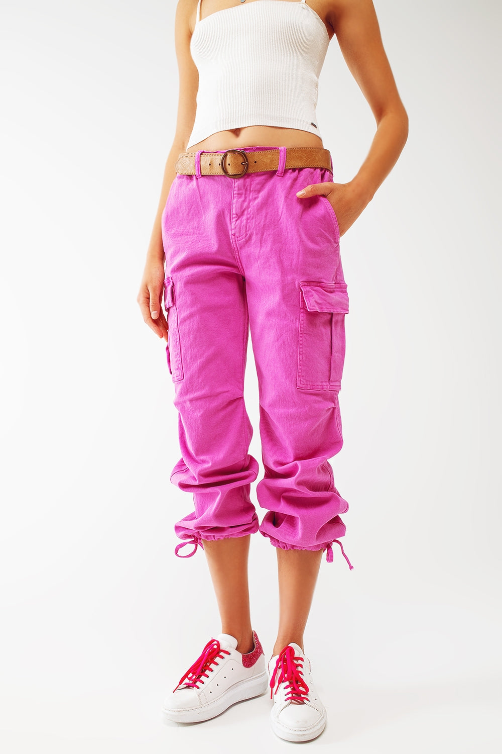 Q2 Cargo Pants with Tassel ends in Fuchsia