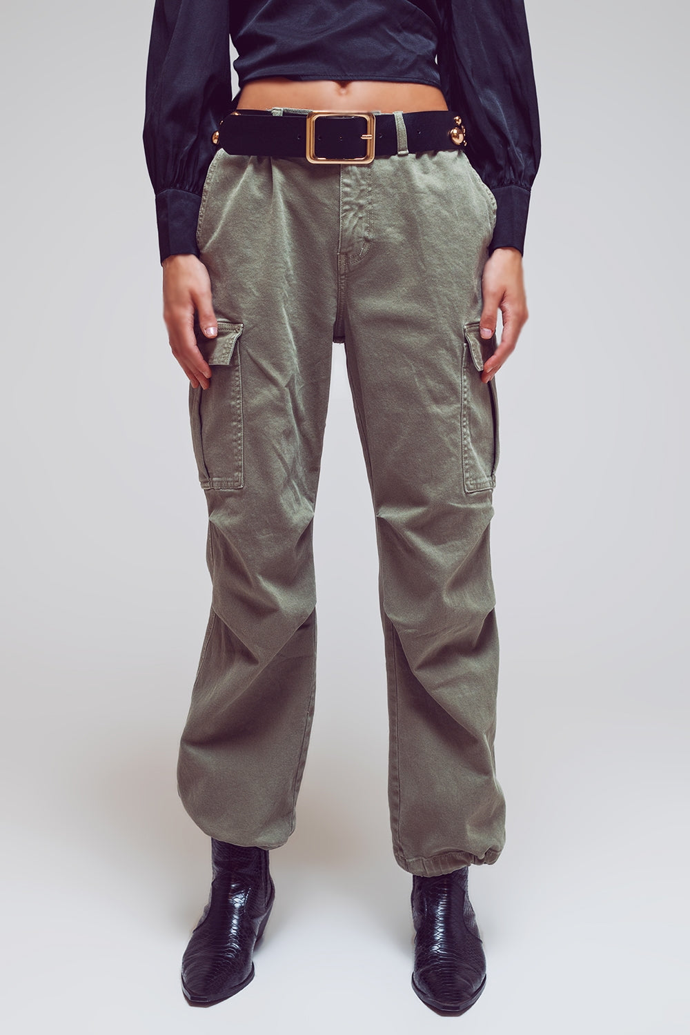 Q2 Cargo Pants with Tassel ends in Military Green