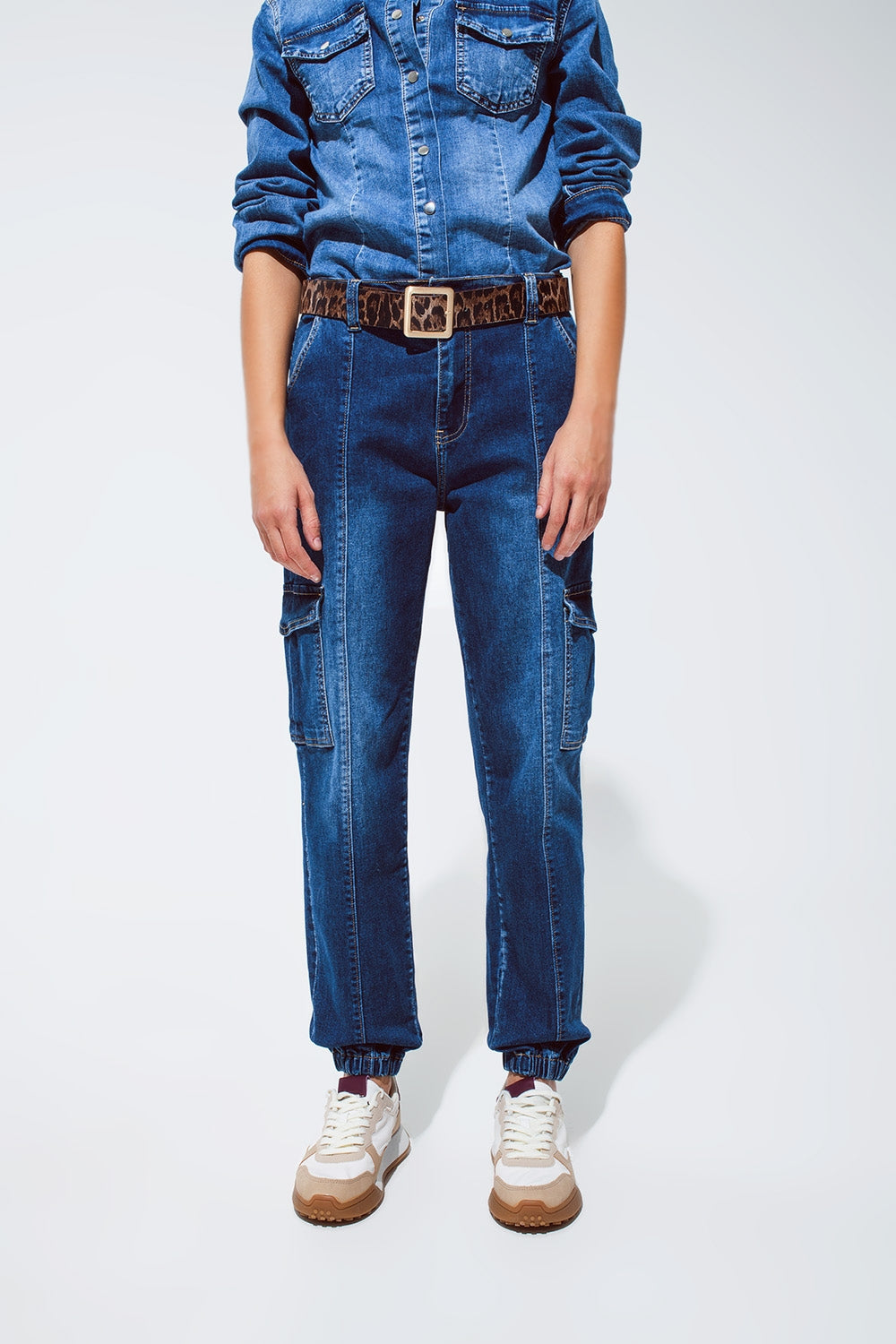 Q2 Cargo Style Jeans with Seam Down the Front in Medium Wash