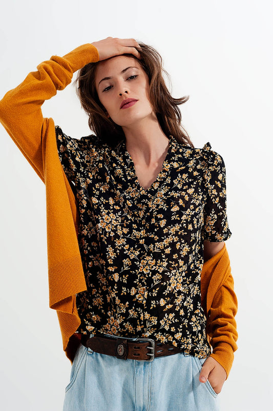 Chiffon Blouse with frill detail in yellow floral print Szua Store