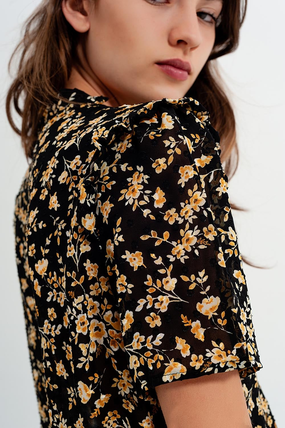 Chiffon Blouse with frill detail in yellow floral print Szua Store