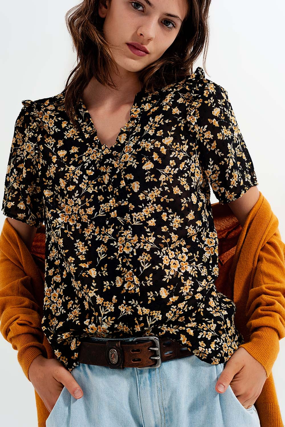 Chiffon Blouse with frill detail in yellow floral print Szua Store