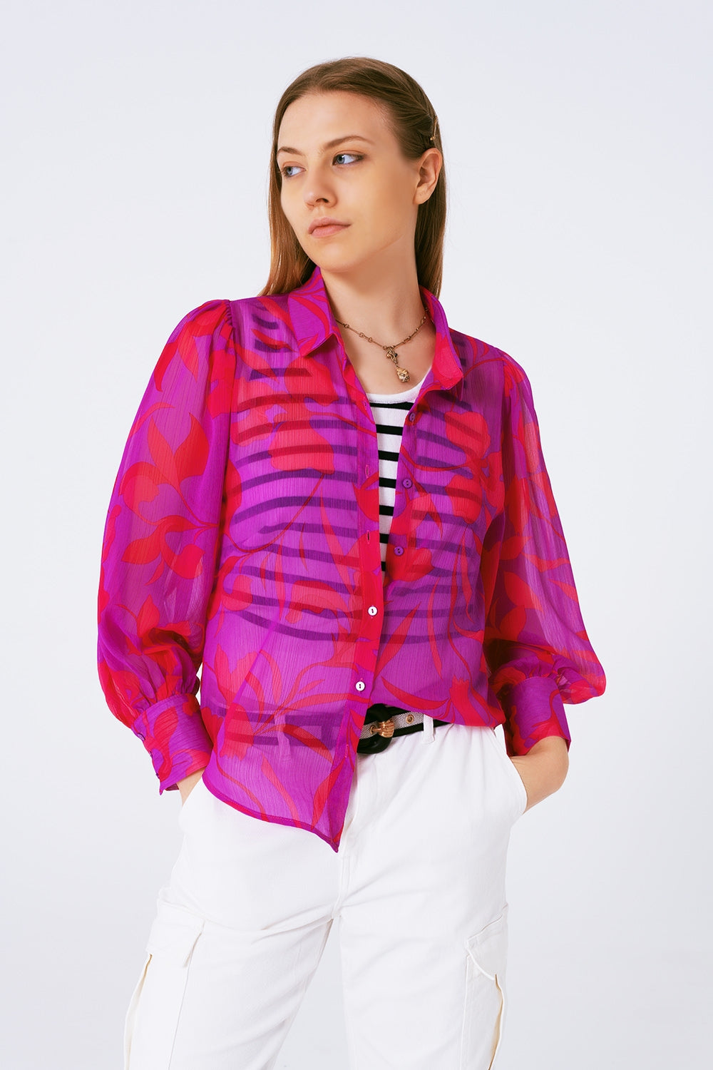 Chiffon floral print blouse in fuchsia - Szua Store