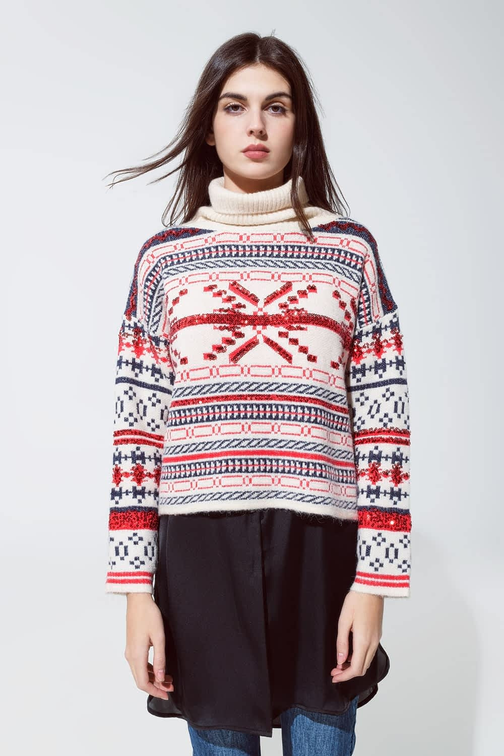 Q2 Chrstismas Sweater with Turtle Neck and Embroidered Sequin Details In Cream