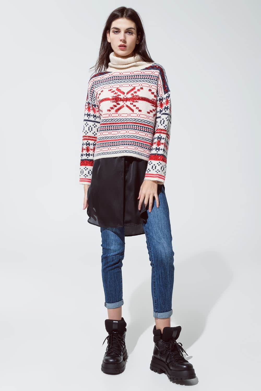 Chrstismas Sweater with Turtle Neck and Embroidered Sequin Details In Cream
