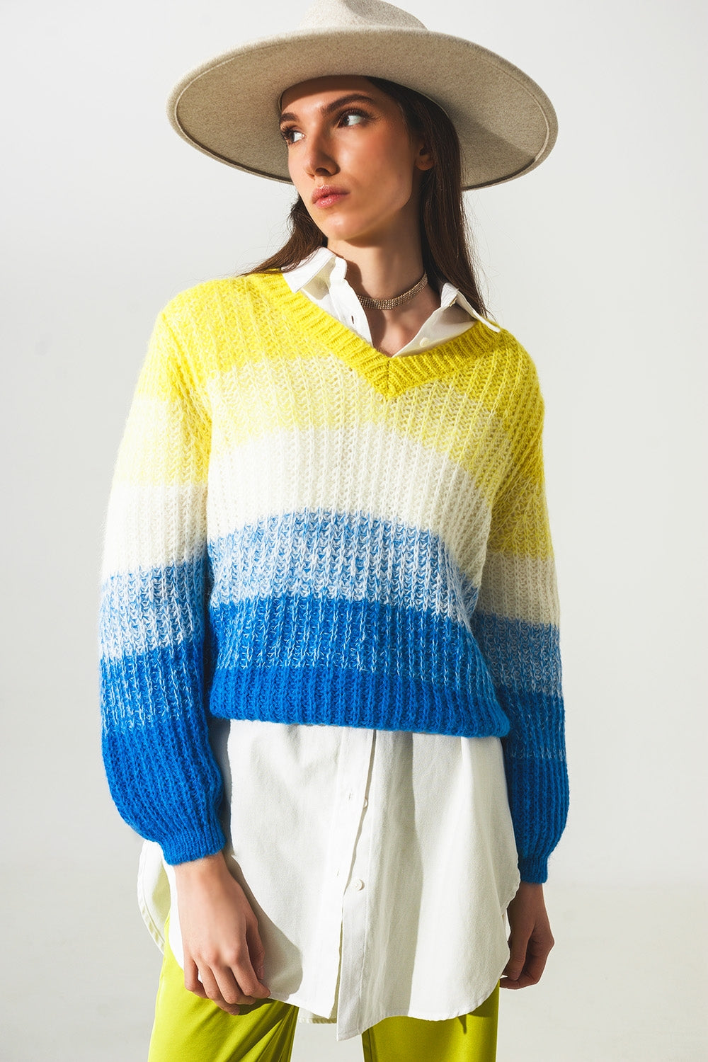 Q2 Chunky v neck wool mix jumper in yellow