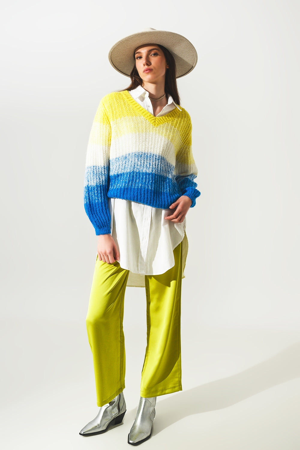 Chunky v neck wool mix jumper in yellow - Szua Store