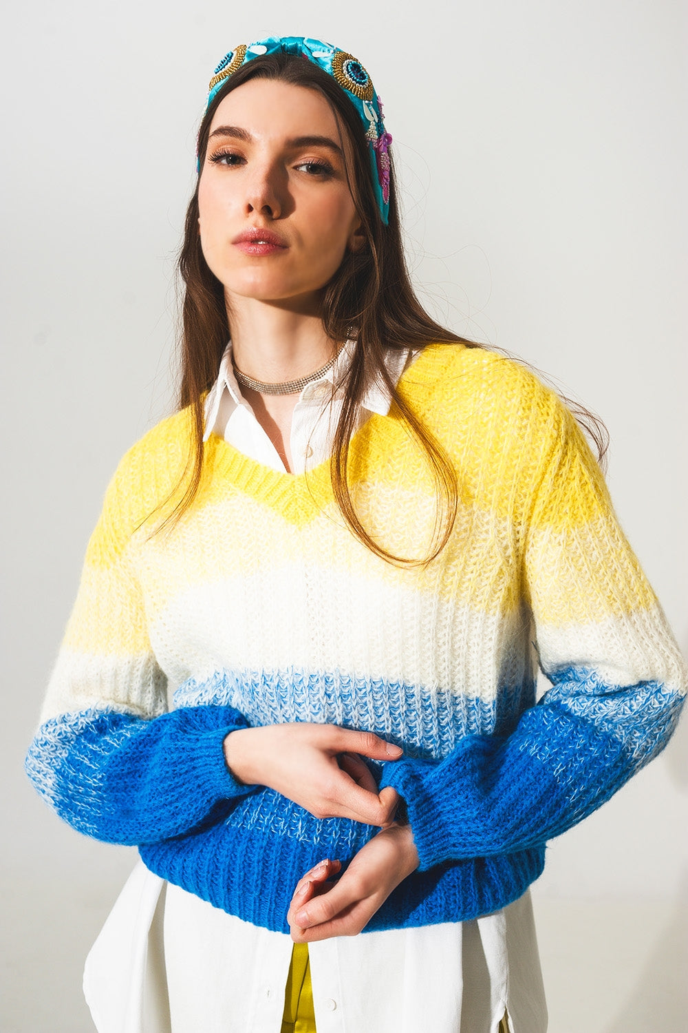 Chunky v neck wool mix jumper in yellow - Szua Store