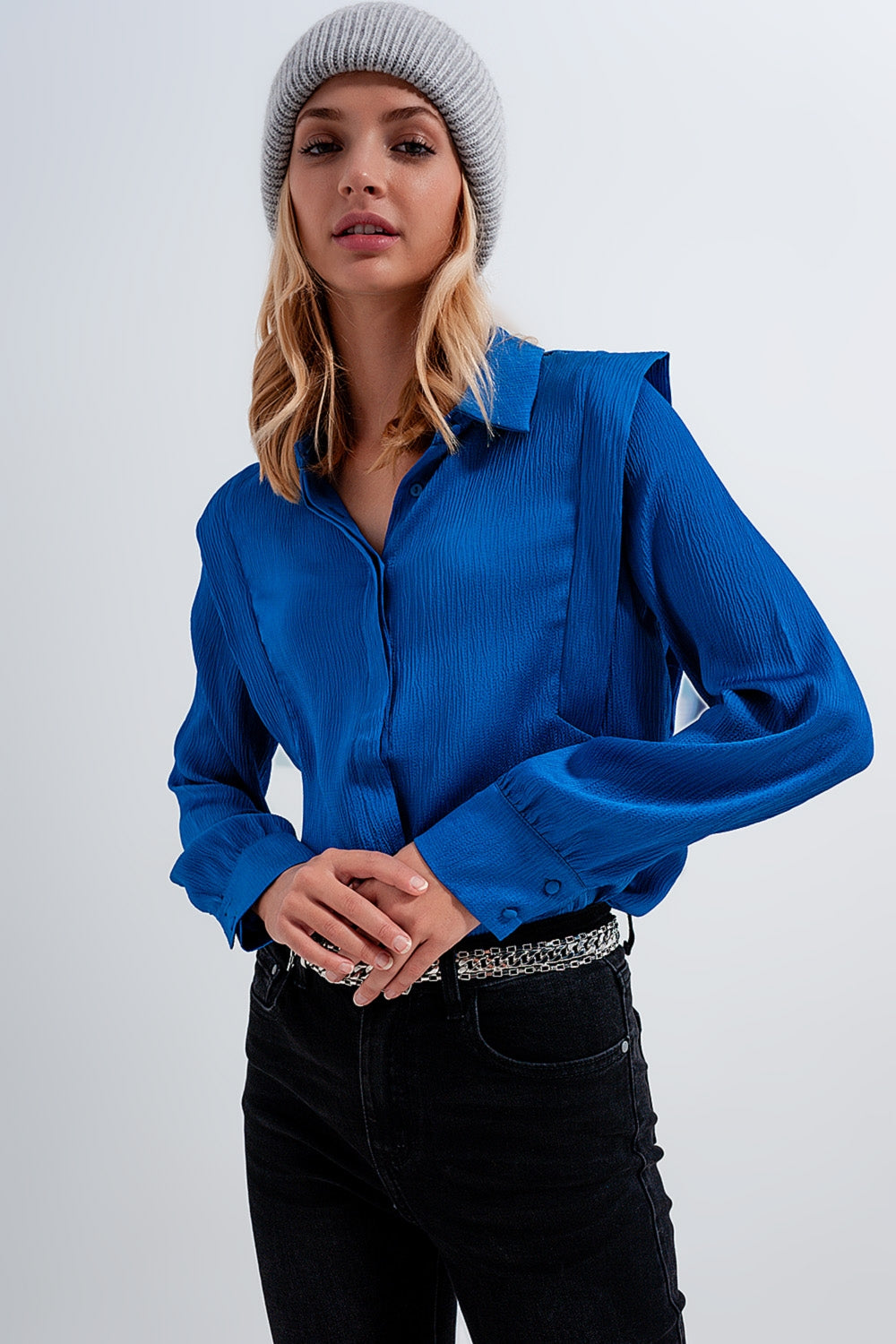 Q2 Cobalt blue blouse with ruffle details