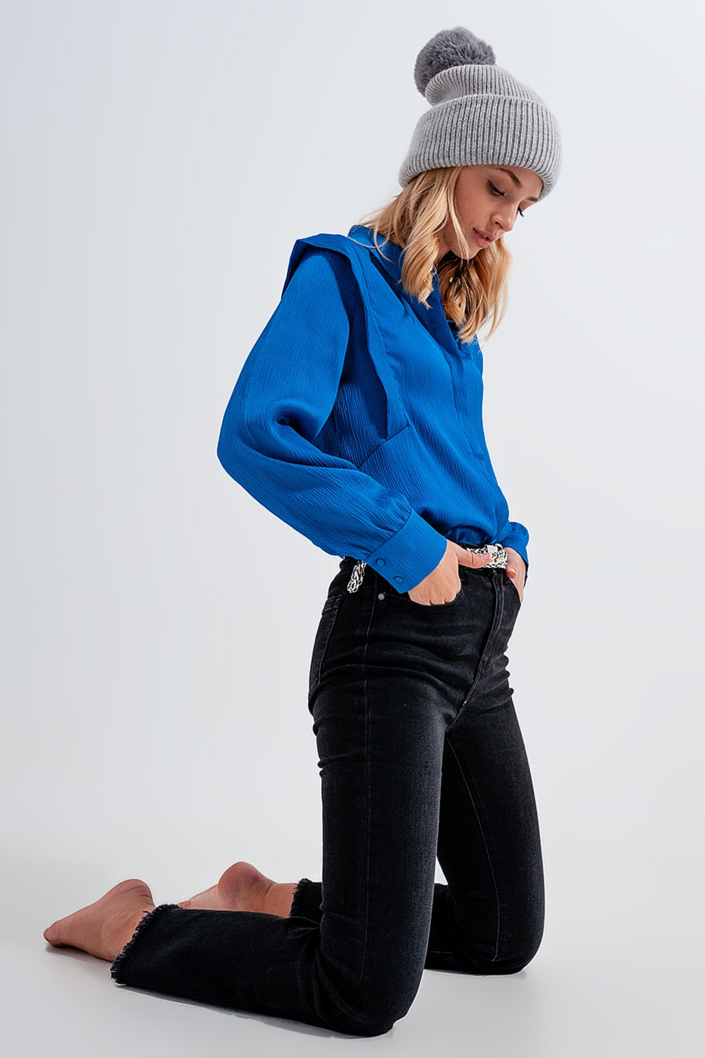 Cobalt blue blouse with ruffle details